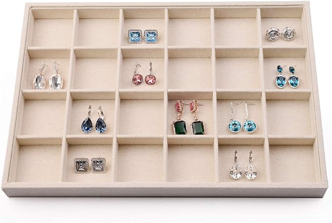 Oirlv Stackable Linen Jewelry Tray Adjustable 24 Grid Jewelry Storage Case - Image 2