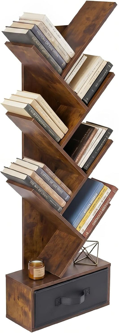 7 Tier Tree Bookshelf with Storage Drawer, Floor Standing Bookcase | Modern by SageNest