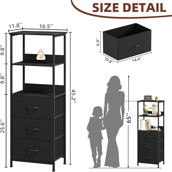 Somdot 3 Tier Bookshelf with Drawer, Tall Bookcase with Shelves, Bookshelf - Image 3