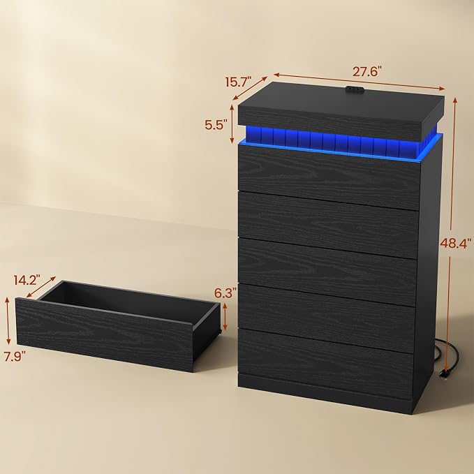 Tall Black 5 Dresser for Bedroom, Sliding Top Storage Space, Modern Wood Drawers - Image 2