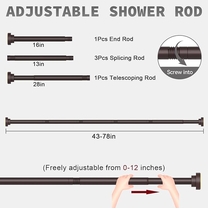 Thestoa Brown Shower Curtain Rod Adjustable 43-78 inch, Anti-Rust Non-Slip - Image 5