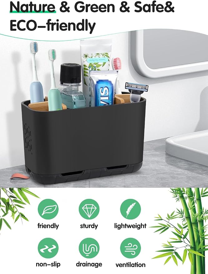 Black Toothbrush Holder, Bamboo Toothbrush and Toothpaste Holder - Image 2