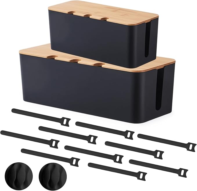 Cord Organizer Box Black 2 Pack, Wooden Cable Management Box by S310
