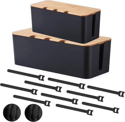 Cord Organizer Box Black 2 Pack, Wooden Cable Management Box by S310
