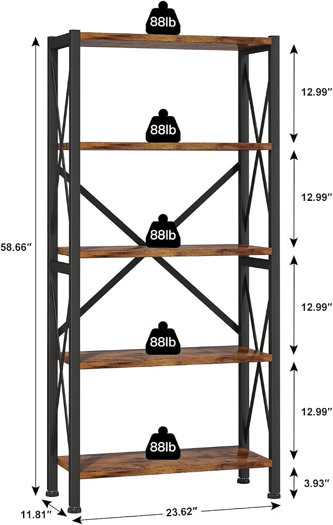 Homeiju 5-Tier Bookshelf, Wood Bookcase, Book Shelf - Image 3