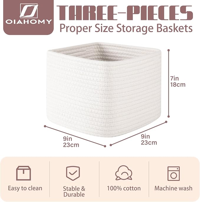 OIAHOMY 9”x9”x7” Storage Cubes, Cotton Rope Woven Baskets - Image 2