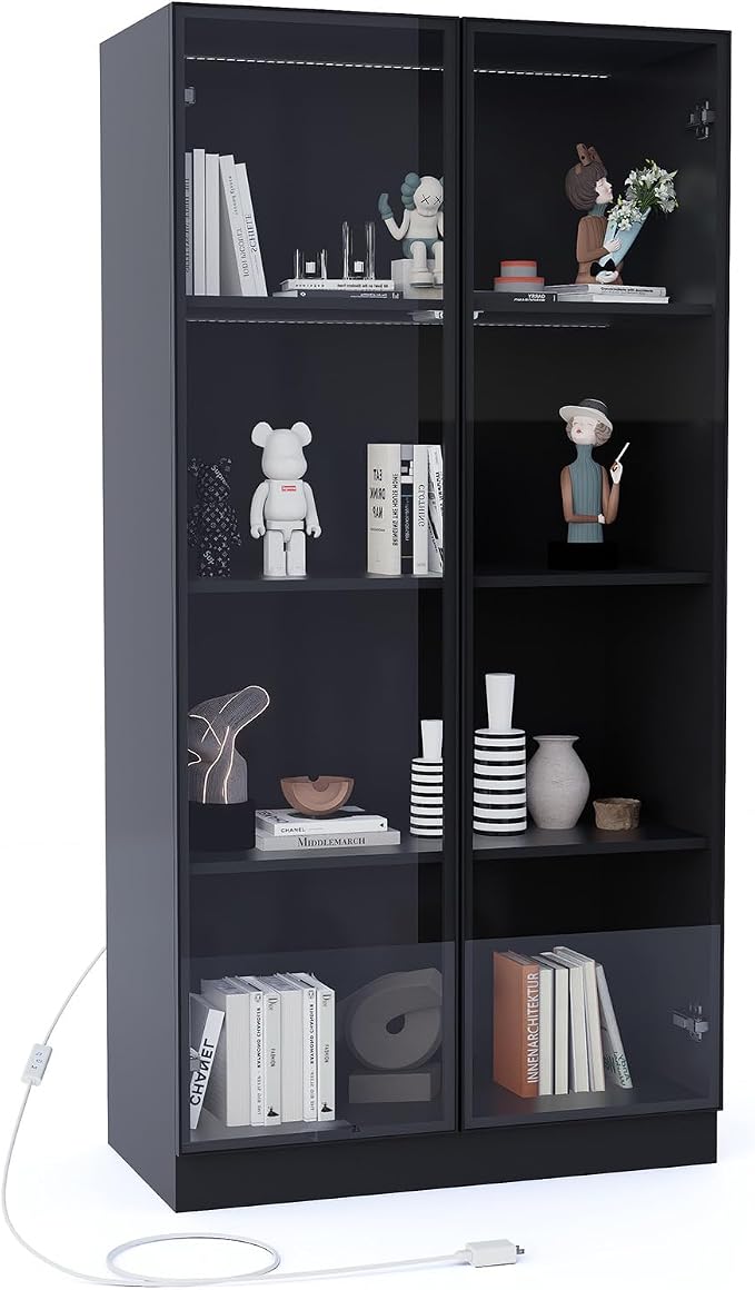 Glass Display Cabinet with LED Lights Set of 2, Display Case Bookcase with - Image 9