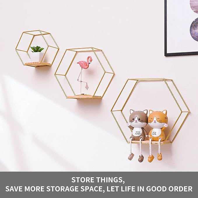 Wall Mounted Hexagonal Floating Shelves Set of 3 in Different Sizes, Modern - Image 3