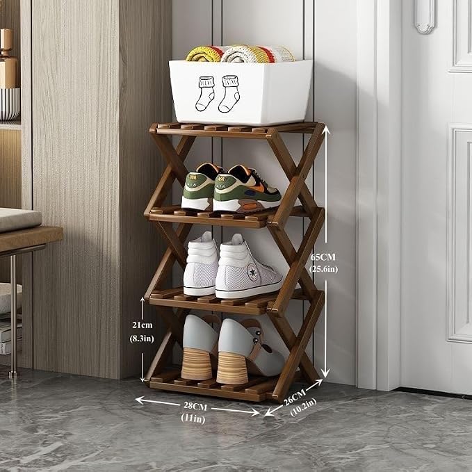 4 Tier Foldable Shoe Rack, Bamboo Vertical Shoe Organizer Tall - Image 2