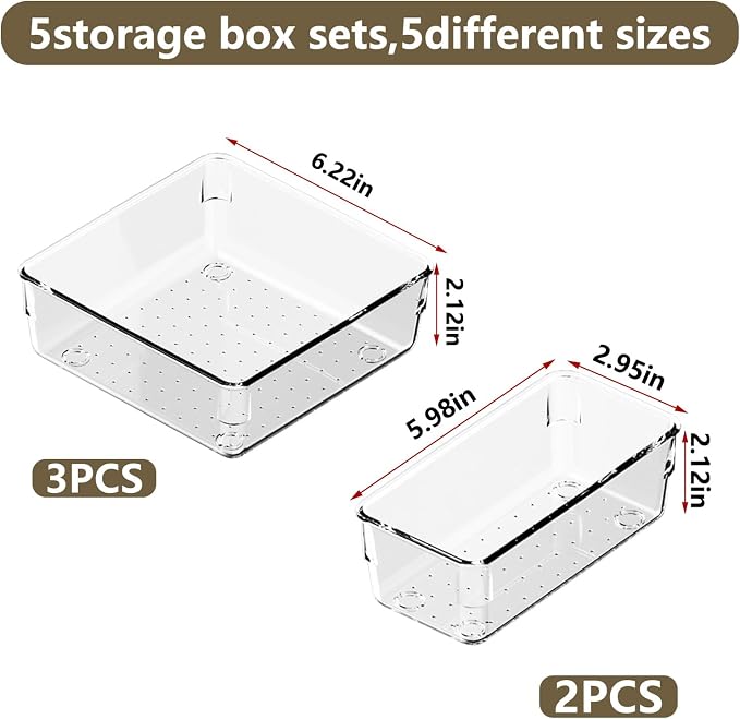 5 PCS Clear Plastic Drawer Organizer Set, 2 Sizes Acrylic Drawer Storage Trays - Image 2