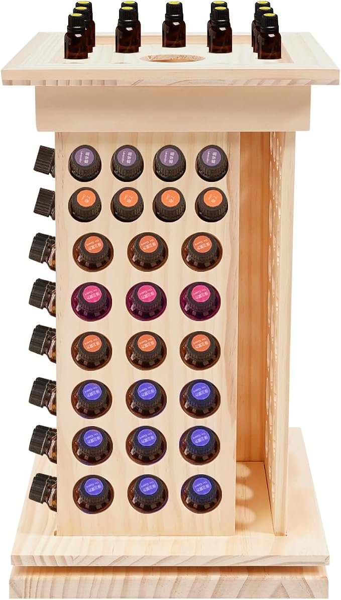 125-Slot Wooden Essential Oil Display Rack, Rotating 360° Organizer by QUEMARQUE