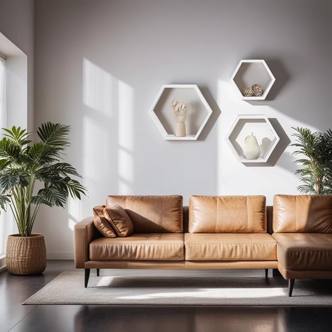 ROSE BLOOM Set of 3 White Wood Hexagon Shelves - Image 2