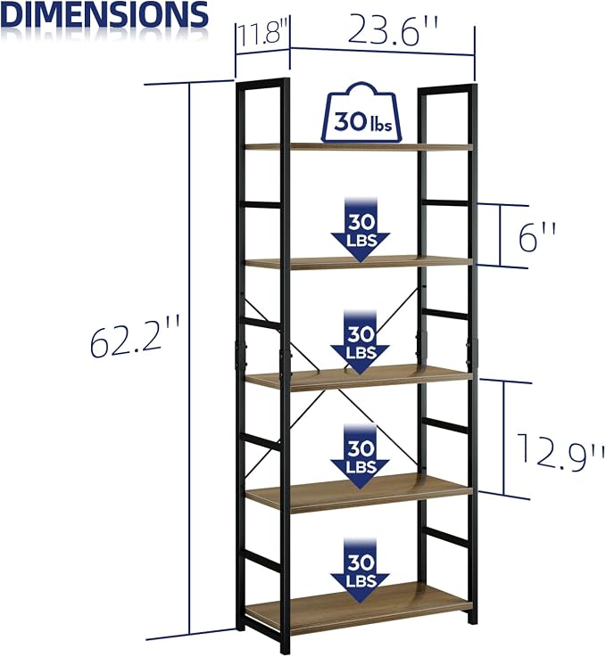 NUMENN 5 Tier Bookshelf, Tall Freestanding Open Storage Bookcase, Dark Walnut - Image 3