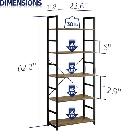 NUMENN 5 Tier Bookshelf, Tall Freestanding Open Storage Bookcase, Dark Walnut - Image 3