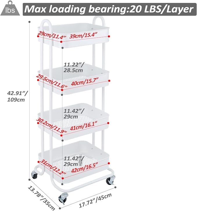 Melody House 4-Tier Metal Mesh Utility Rolling Cart Storage Organizer Shelf Rack - Image 7