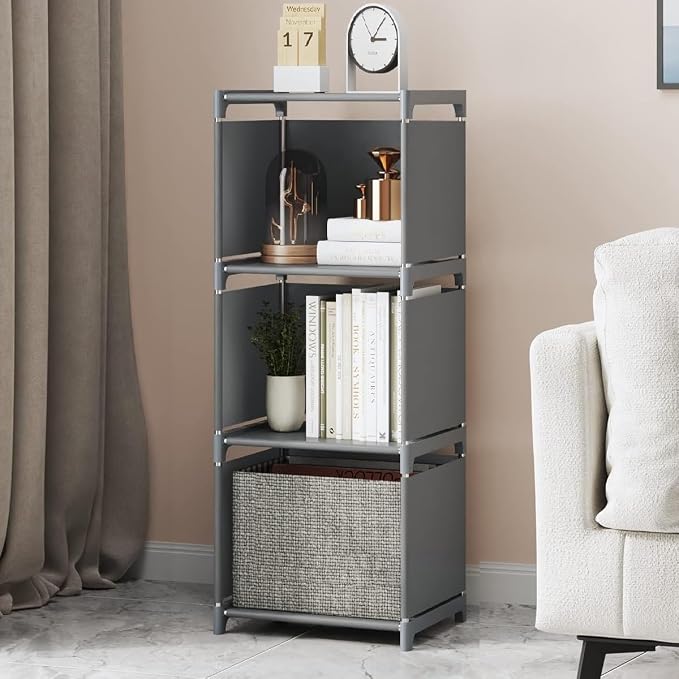 RIIPOO Book Shelf, 3-Cube Storage Organizer, Metal & Fabric Bookcase - Image 4