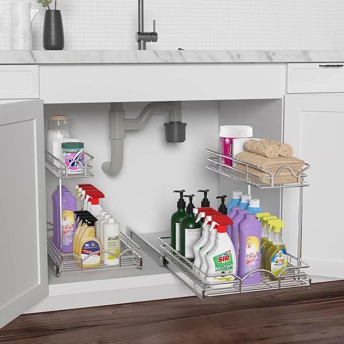 OCG Under Sink Cabinet Organizer Two Tier Pull Out Shelf, Under Sink Sliding - Image 4