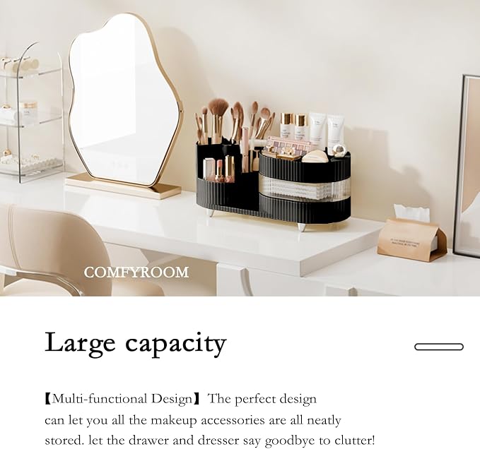 Rotating Vanity Organizer with Brush Holder and Drawer, 3 Layer Cosmetic - Image 6