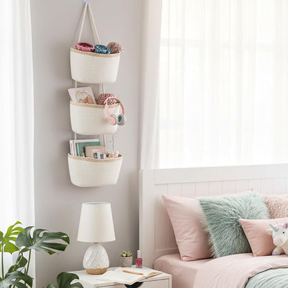 TeoKJ Over the Door Hanging Basket, 3-Tier Woven Cotton Wall-Mounted Storage - Image 3