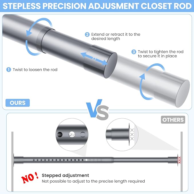 Closet Rods for Hanging Clothes, 17 to 69 Inches No-Cut Stepless Adjustable - Image 3