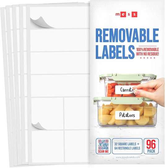 MESS Removable Food Labels for Containers 1x3" & 1.5" Erasable Kitchen Labels by MESS