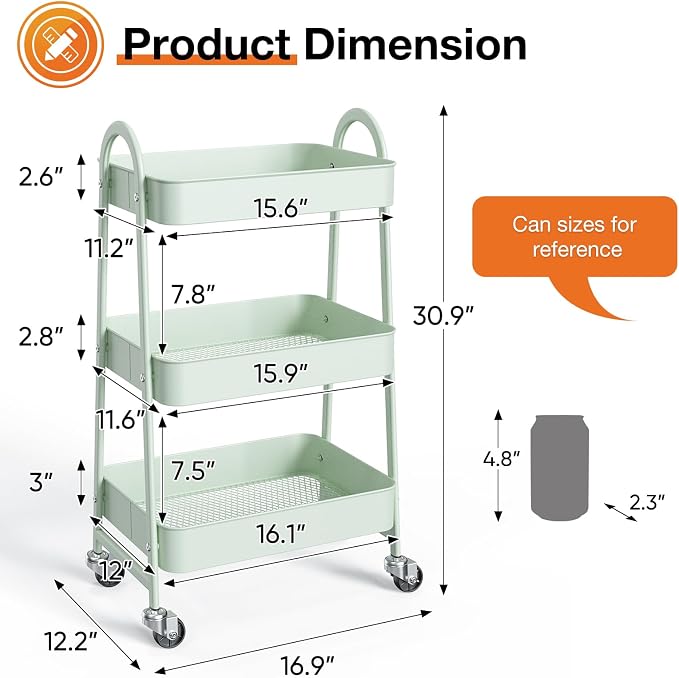 NEWBULIG 3-Tier Metal Rolling Storage Cart, Heavy Duty Mobile Utility Organizer - Image 4