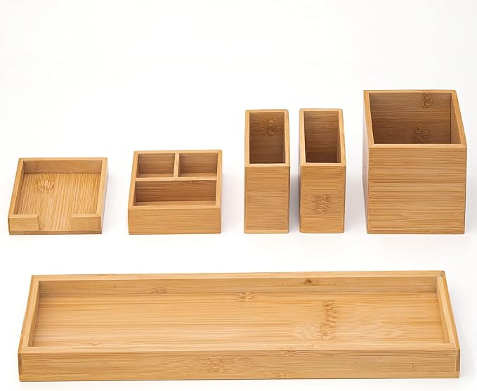 Bamboo Vanity Tray, 6-Piece Bathroom Countertop Vanity Tray Set, Makeup Kitchen by Rocdeer