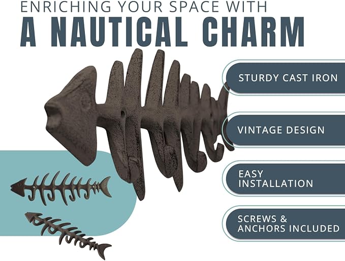 Comfify Rust Brown Fish Bones Cast Iron Wall Hook Rack – 4 Hooks, Screws | Rust - Image 2