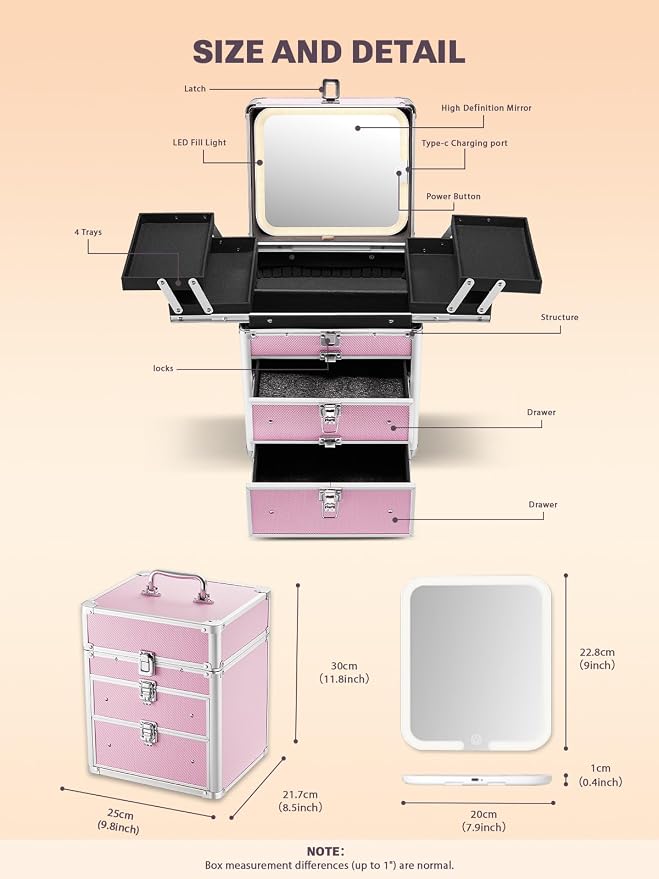 Qislee Makeup Box with Double Drawers and Four Trays, A Detachable Lighted - Image 3