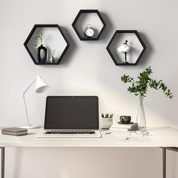 CADUKE Hexagon Floating Shelves Set of 3, Wooden Honeycomb Shelves - Image 8