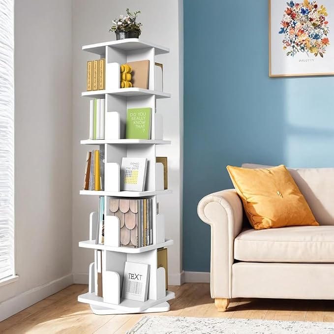 MHOM White Rotating Bookshelf, 360 Display 5 Tier Rotating Bookshelf Tower - Image 5