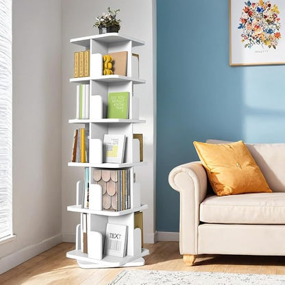 MHOM White Rotating Bookshelf, 360 Display 5 Tier Rotating Bookshelf Tower - Image 5