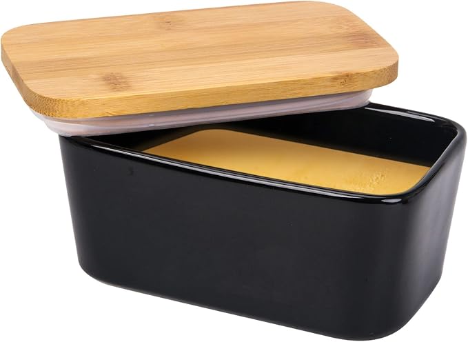 Butter Dish with Lid, Porcelain Keeper with Wood Lid Cover by Arswin