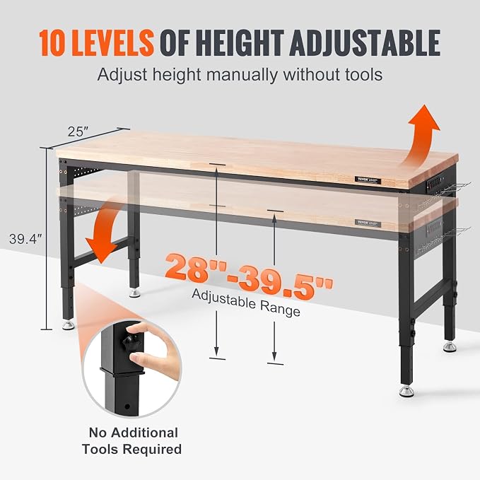VEVOR Workbench for Garage 72" Adjustable Workbench, Heavy-Duty Hardwood - Image 6
