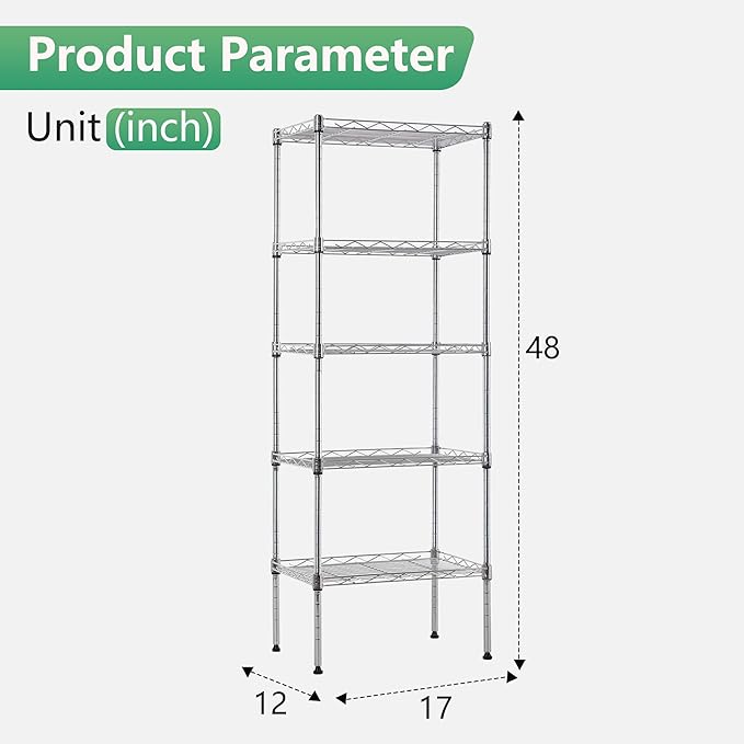FDW 5 Tier Wire Shelving Adjustable Metal Shelves 17L x 12W x 48H NSF Pantry - Image 3