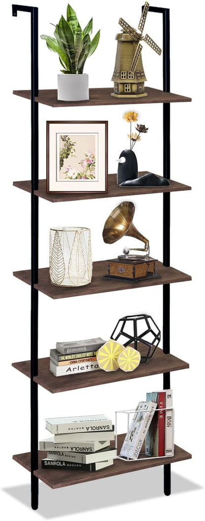 5 Tiers Ladder Shelf Brown Modern Bookshelf Open Tall Wall Mount Bookcase by Wolawu