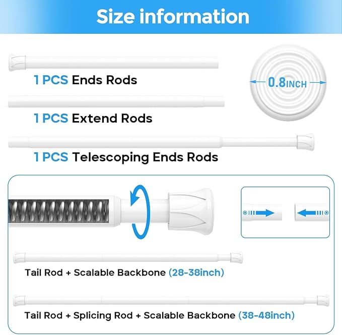 Spring Tension Curtain Rod 28-48'' 4 Pcs Adjustable Rods No Drilling | 5/8'' - Image 3