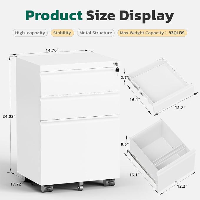 Greenvelly 3 Drawer Mobile File Cabinet - Image 3