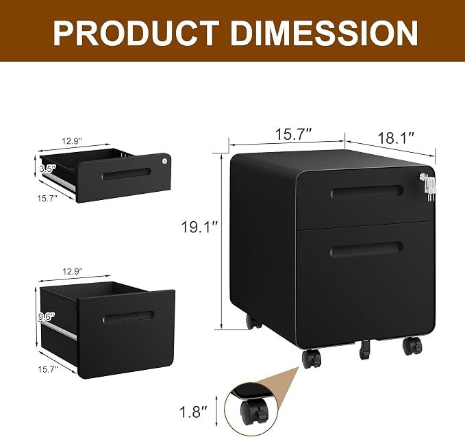 2 Drawer File Cabinet with Lock and 4 Keys, Mobile Metal Filing Cabinet - Image 3