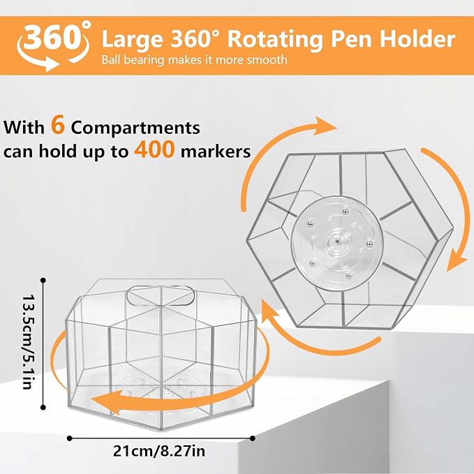 Pen Holder for Desk Acrylic, Large 6 Slots 360-Degree Rotating Marker Organizer - Image 2