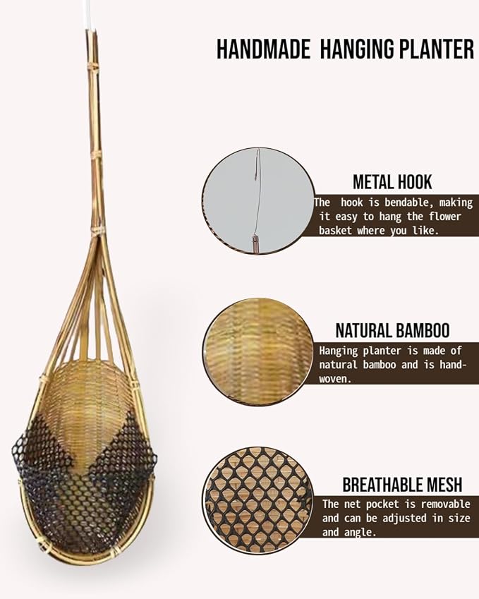 Hanging Orchids Pot: 4 Inch Handmade Bamboo Wall Plant Planter - Image 5