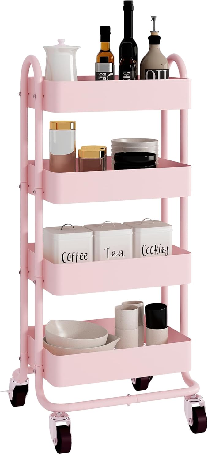 4 Tier Metal Rolling Cart Pink Utility Cart by Elitehouse
