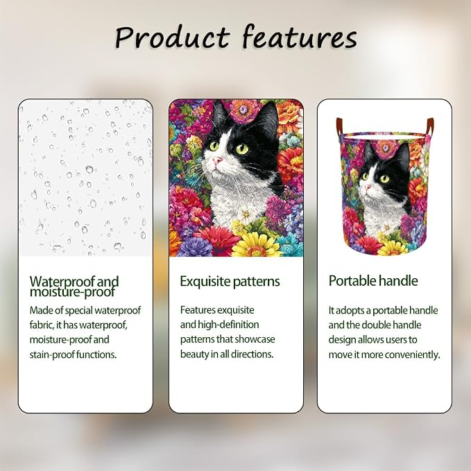 Laundry Baskets 15.7x19.7 Inch Large Cat Floral Garden Design Collapsible - Image 2
