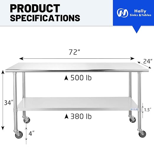 Hally Stainless Steel Table for Prep & Work 24 x 72 Inches - Image 2