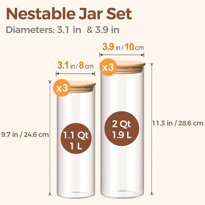 ComSaf Glass Food Storage Jars Set of 6, Tall Glass Storage Containers - Image 2