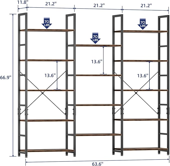NUMENN Triple 5 Tier Bookshelf, Wide Book Shelf - Image 2
