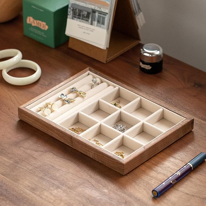 9 Grid +3 Line Black Walnut Wooden Jewelry Tray Organizer - Image 3