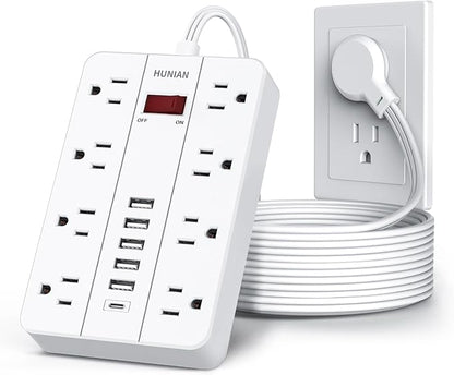 10 Ft Long Extension Cord, Power Strip Surge Protector HUNIAN Flat Plug by HUNIAN