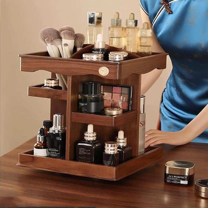 360° Rotating Makeup Organizer, Spining Adjustable Wooden Vanity Storage - Image 8
