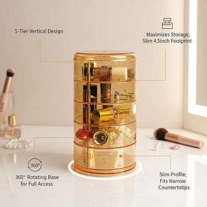 5-Tier Rotating Makeup Organizer, Slim Vanity Storage Tower - Image 4